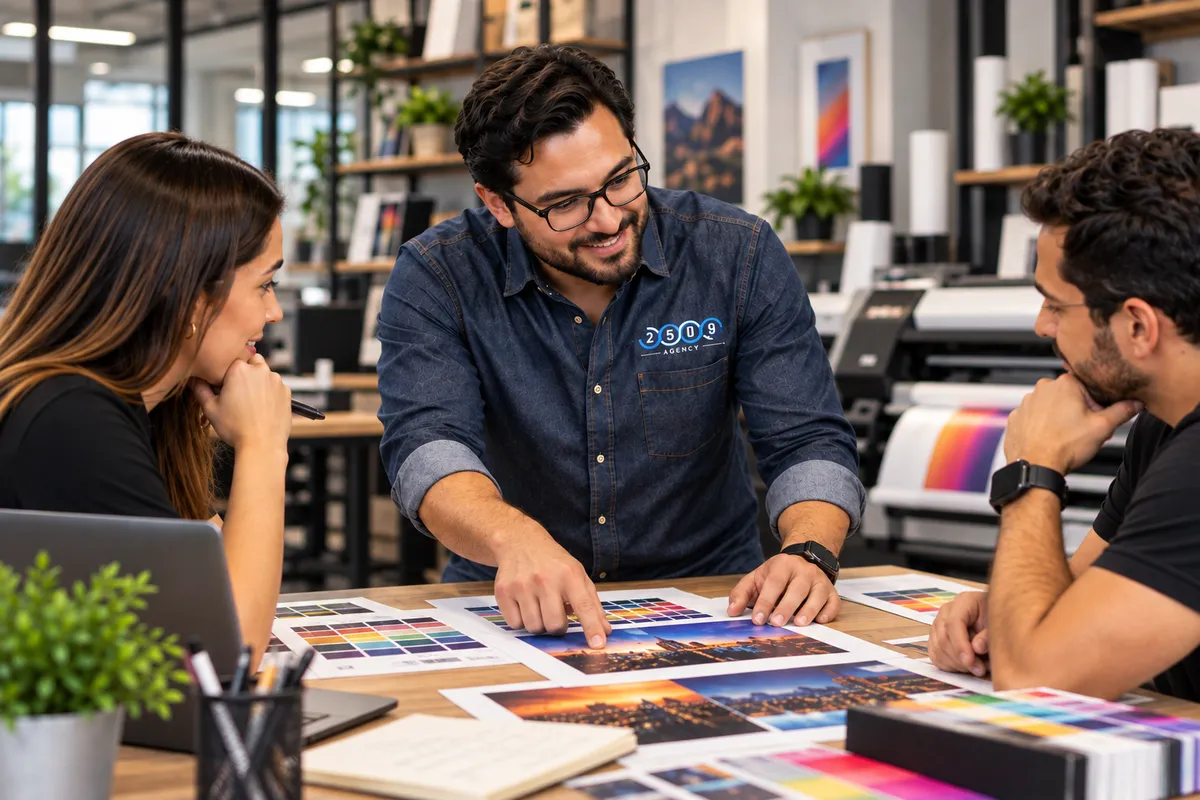 Persona con camisa con el logo de 2509 Agency revisando pruebas de impresión en una mesa de trabajo