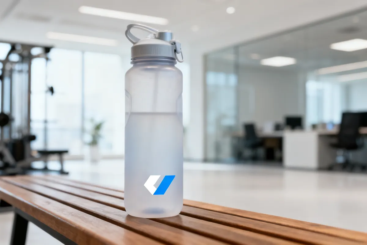 Botella deportiva translúcida con logo, sobre una banca de madera en una oficina