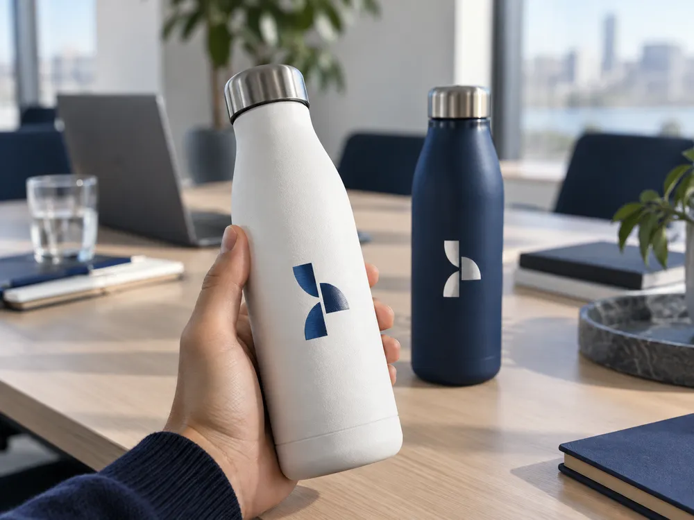 Botellas térmicas blanca y azul marino con logo, en una oficina