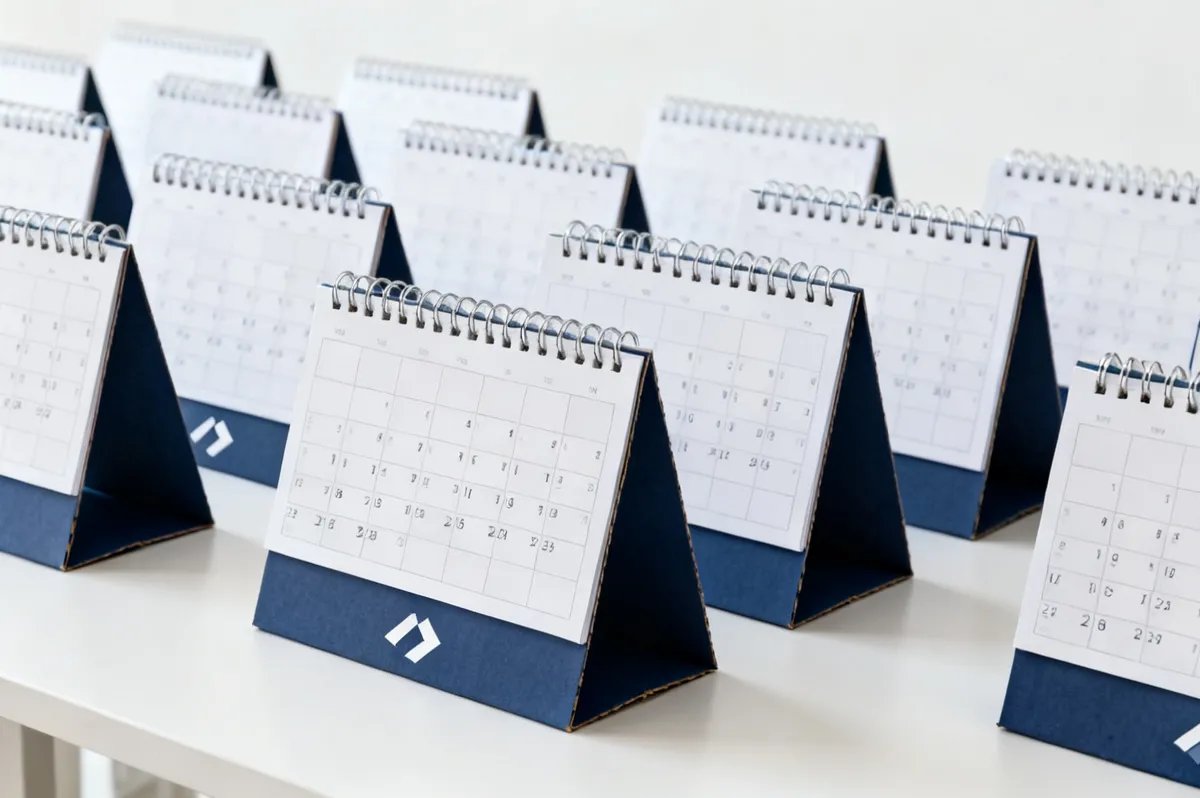 Lote de calendarios de escritorio con espiral y base azul marino con logo, alineados sobre una mesa