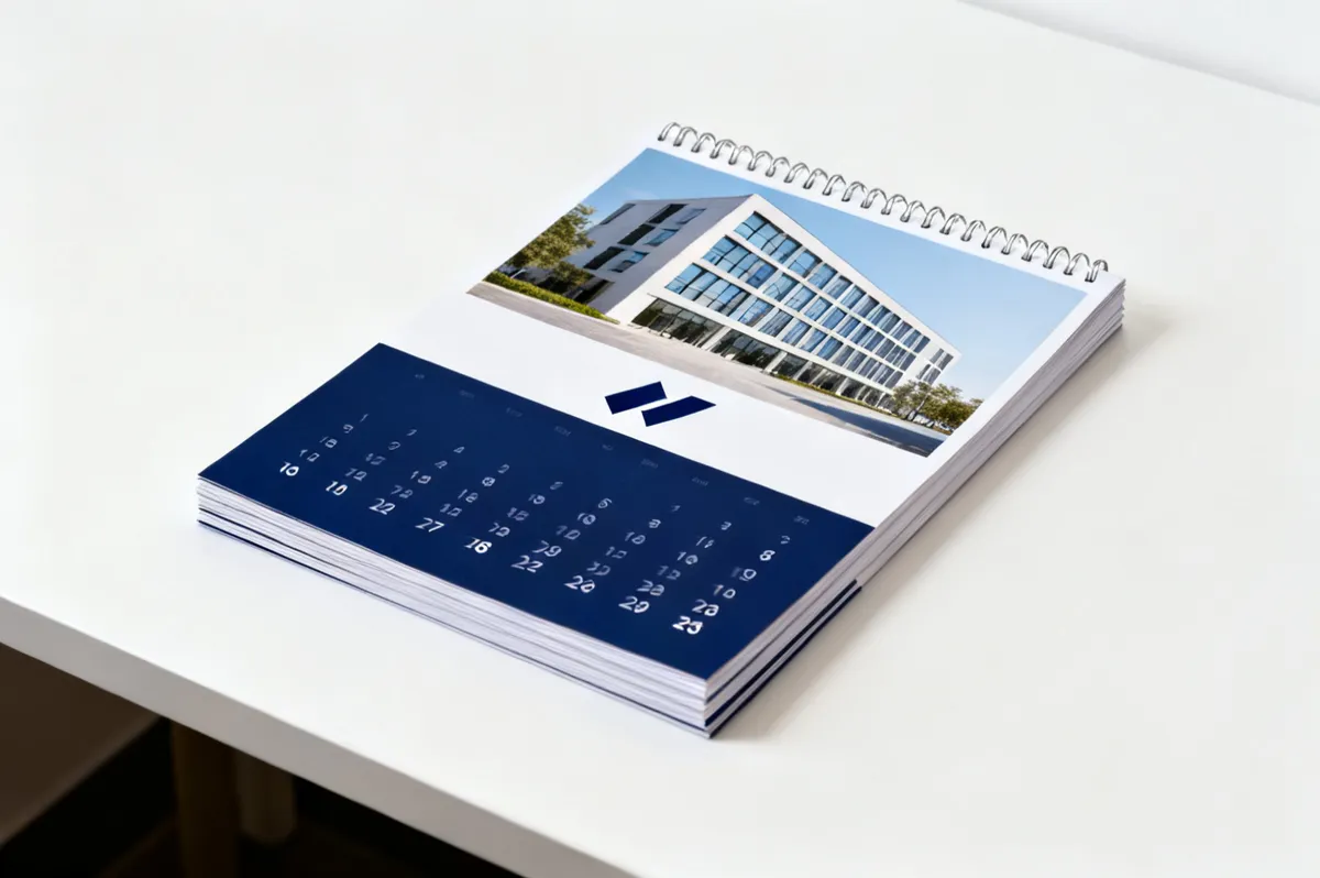 Pila de calendarios de pared con espiral, con la foto de un edificio arriba y la cuadrícula del mes en azul marino