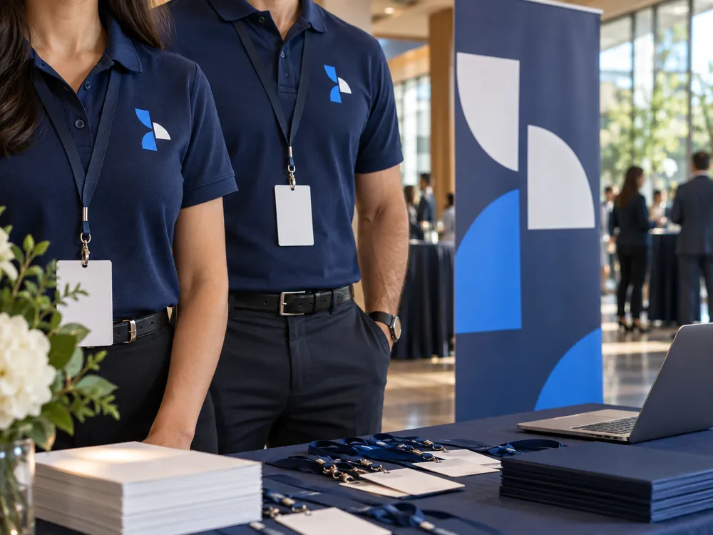 Playeras bordadas y roll up con logo en el registro de un evento