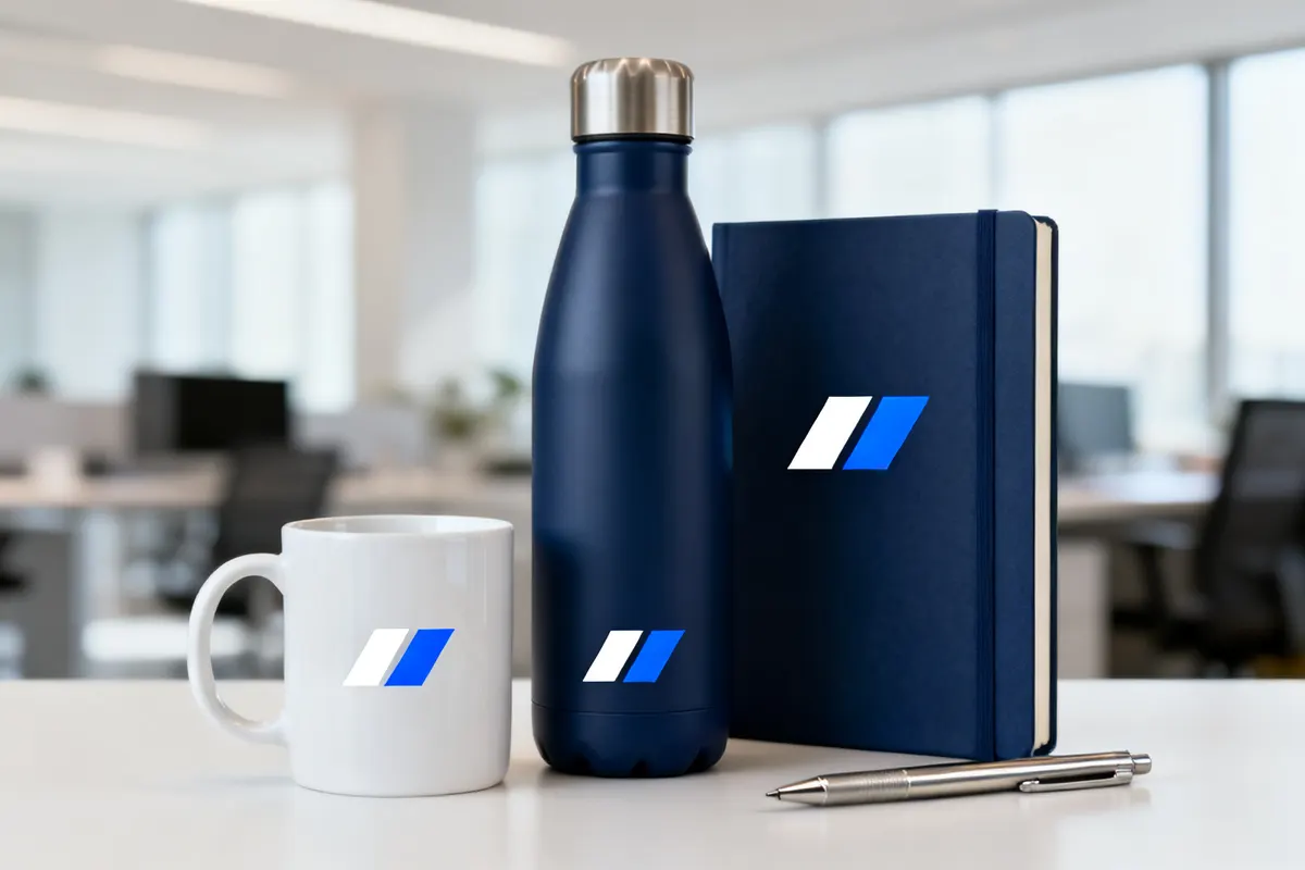 Taza, botella térmica, libreta y pluma con el mismo logo
