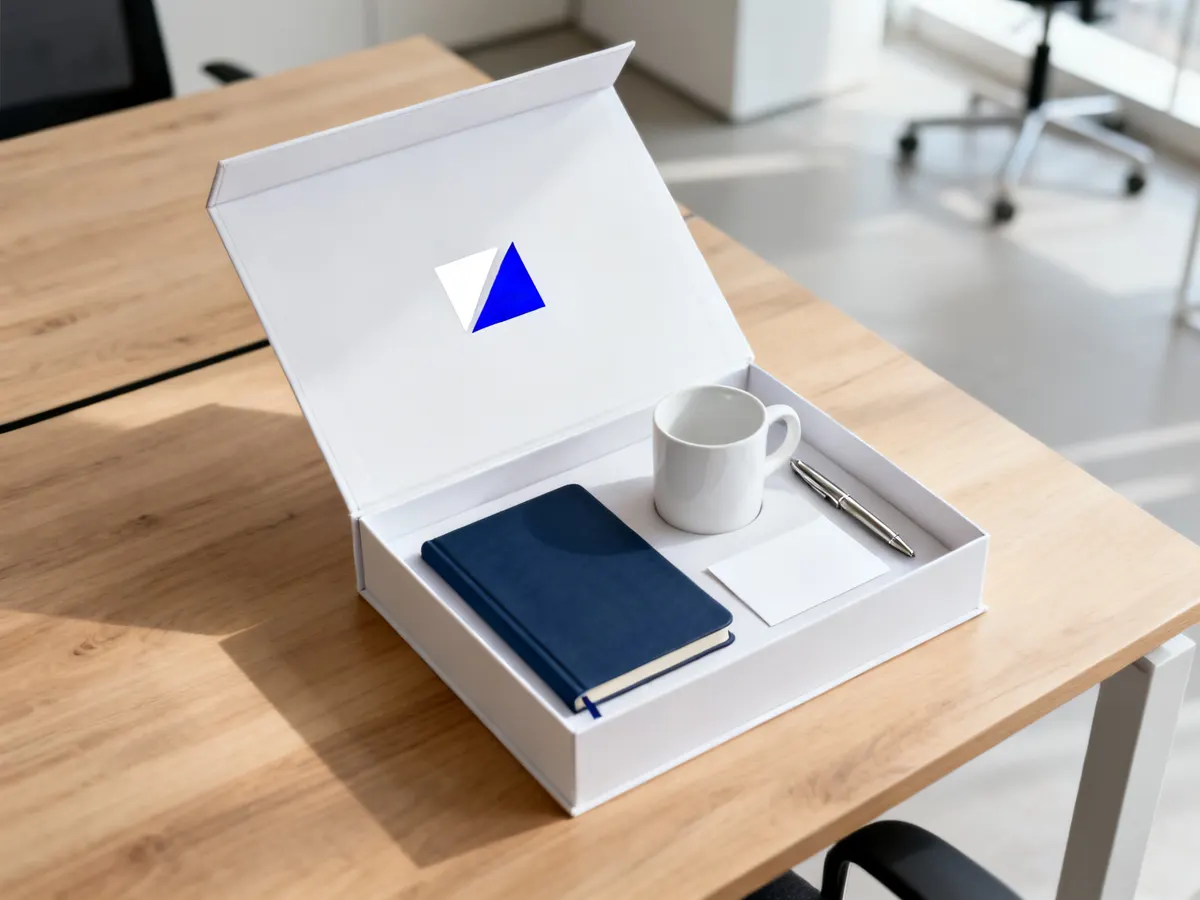 Kit de bienvenida en caja blanca con libreta, taza, pluma y tarjeta