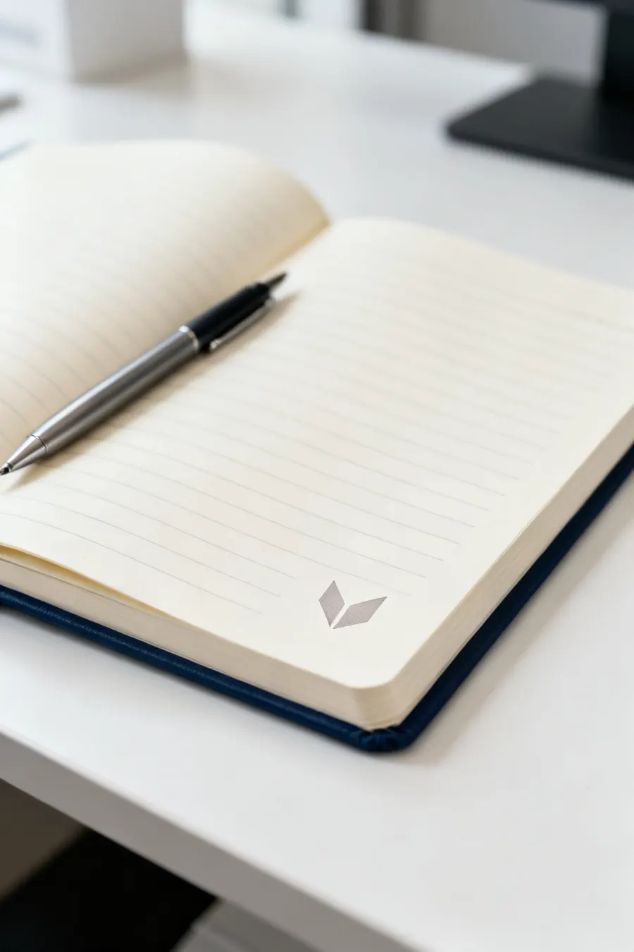 Libreta abierta con el logo impreso como marca de agua en la esquina de la hoja