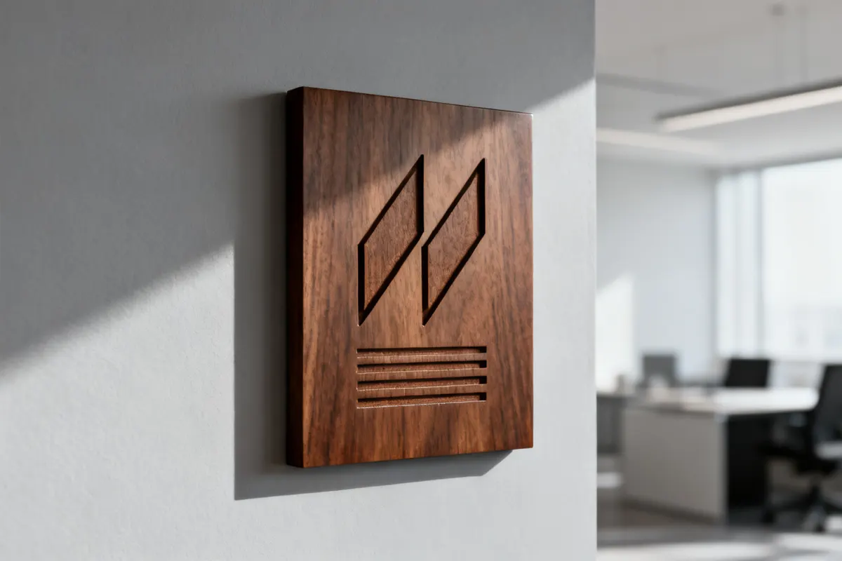Placa de madera de nogal con el logo grabado en bajo relieve, colgada en la pared