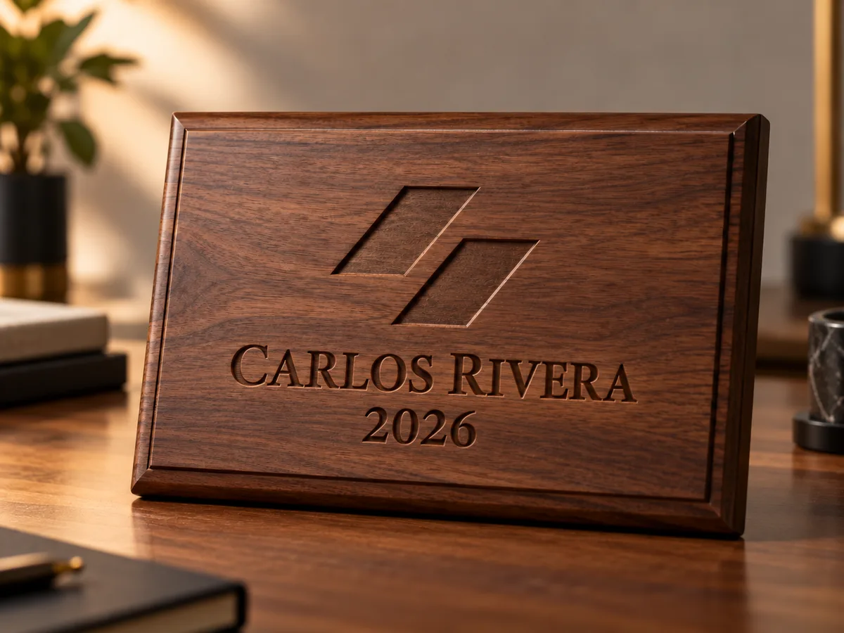 Placa de madera de nogal con un nombre y un año grabados en bajo relieve