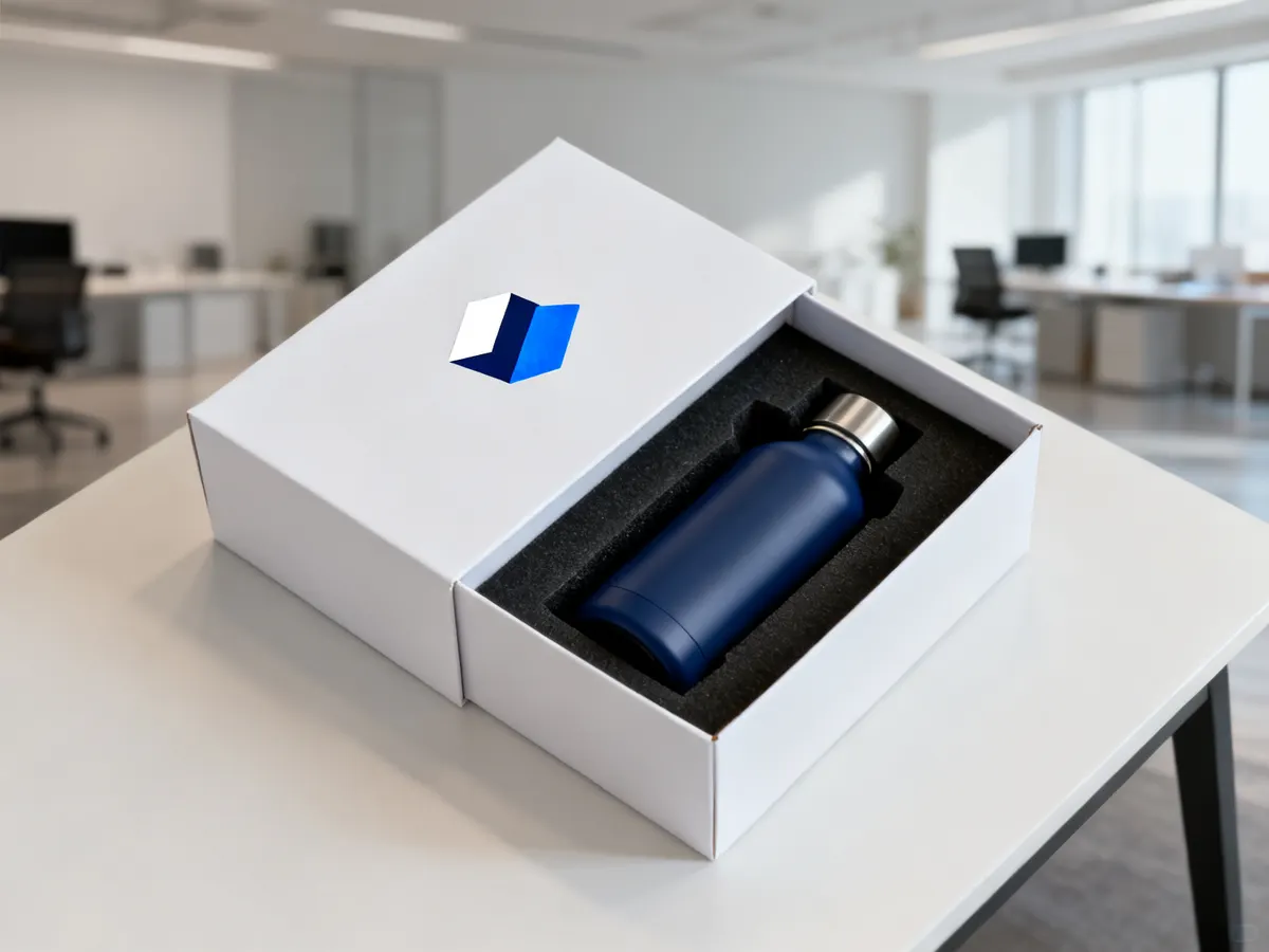 Caja impresa con logo, abierta, con una botella térmica en su inserto