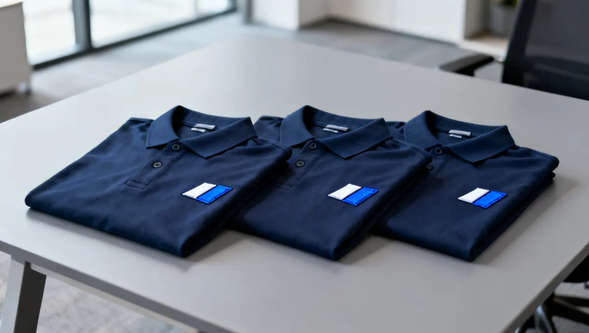 Tres playeras polo azul marino dobladas sobre una mesa, con el logo bordado en el pecho